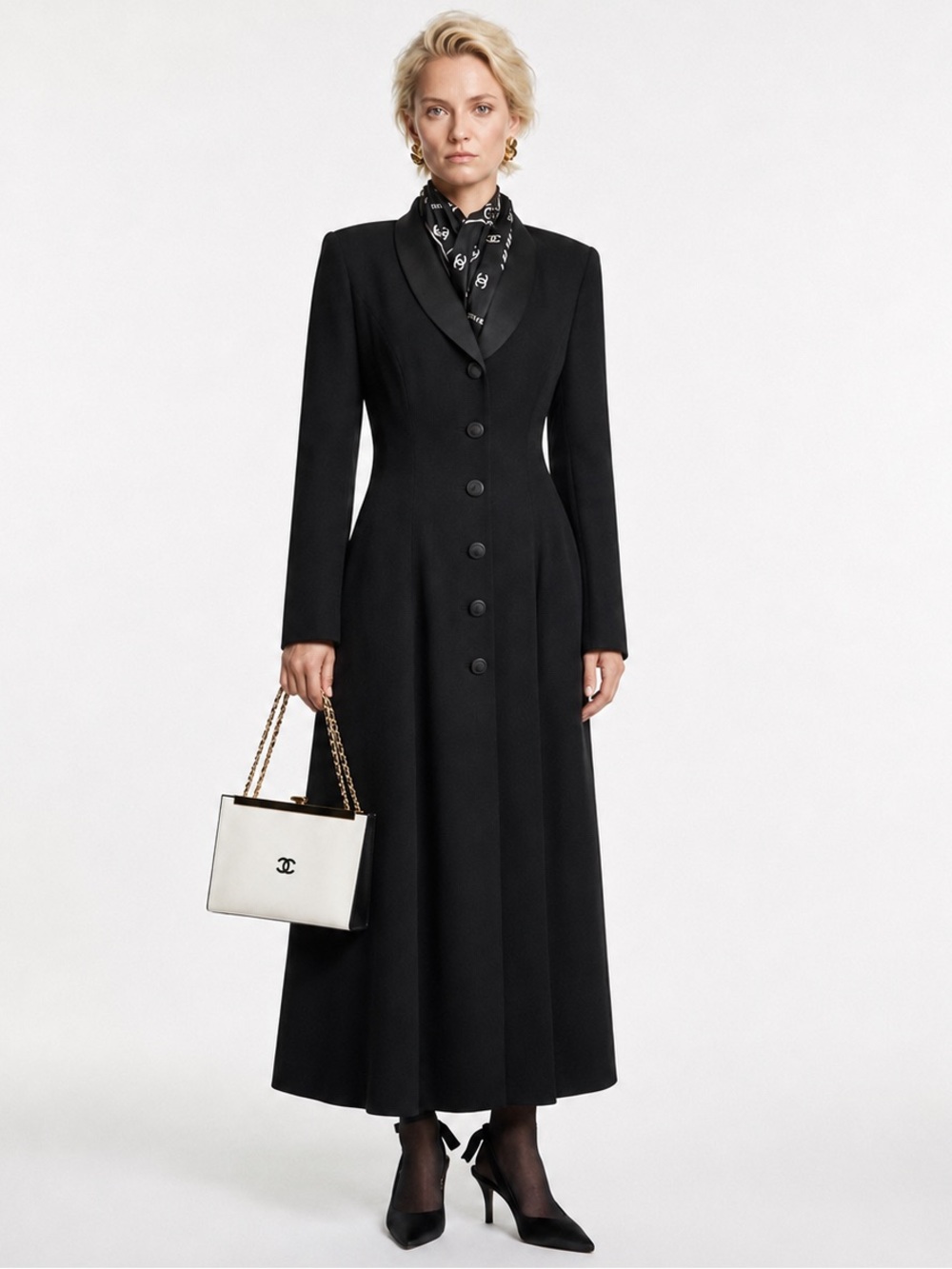 Vintage Wayne Clark Evening Maxi Coat Dress Tuxedo Satin Collar Black 6